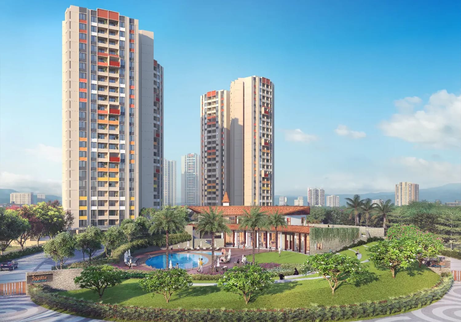 Exterior view of Joyville Hadapsar Annexe &mdash; photo gallery, images, brochure, amenities, cost sheet, price breakup, availability details, RERA number, RERA certificate, possession date, layout plan, logo, floor plan, master plan, and location map showcasing project highlights and features.